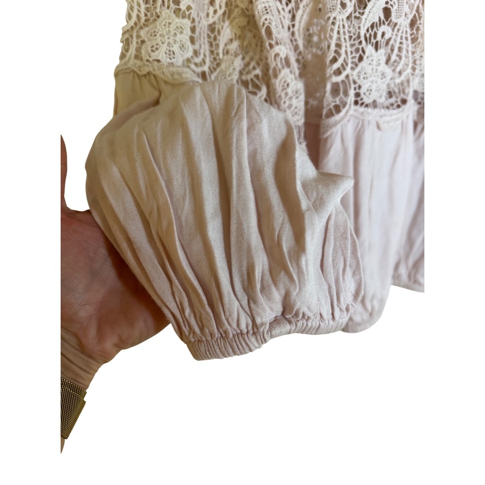 Free People‎ Boho Lace Peasant Blouse Pink Small Tassel Tie - Picture 6 of 12